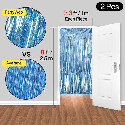 PartyWoo Foil Fringe Curtains Blue, 2 pcs 3.3x6.6 ft Blue Streamers, Fringe Backdrop, Tinsel Backdrop, Tinsel Curtain, Metallic Door Shimmer, Birt...