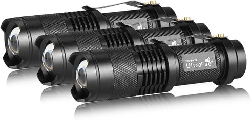 ULTRAFIRE 3 Pack Mini Flashlights Focus Adjustable SK68 Single Mode Tactical LED Flashlight, Ultra Bright 300 Lumens Torch...