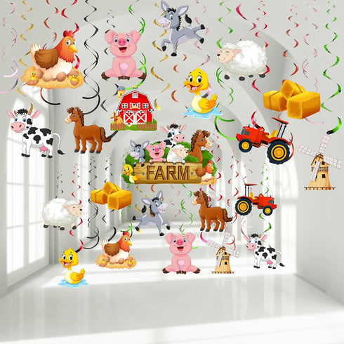 30 Pieces Farm Animal Party Hanging Swirl Decorations, Barnyard Theme Birthday Party Supplies Farm Animal Hanging Foil Swirls Ceiling Decor for Gi...