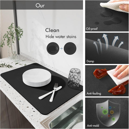 Drying Mat for Kitchen Countertops, Coffee Mat Hide Stain Rubber Backed Absorbent Dish Drying Mat (Black, 16"x24")...
