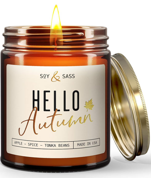 Fall Candles - 'Hello Autumn' Fall Candle w/Apple, Cinnamon & Nutmeg I Infused with Essential Oils I Autumn Fall Scented Candles I Cozy Cute Fall ...