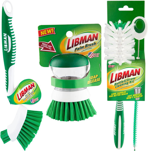 Libman Bottle & Dish Brush Kit | Cleaning Brushes for Kitchen Use | Straw Brush | Scrub Brushes for Dishes | Big Job Kitchen Brush | Palm Scrub Br...