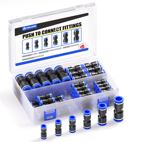 TAILONZ PNEUMATIC 60 pcs Straight Push Connectors Plastic Quick Release Connectors Air Line Fittings for 1/8 5/32 1/4 5/16 3/8 1/2Tube (2 Way)...