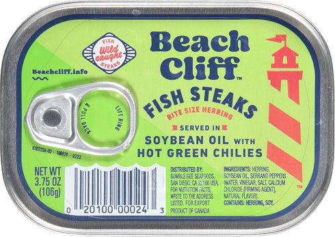 Beach Cliff Wild Caught Fish Steaks in Soybean Oil with Hot Green Chilies, 3.75 oz Can (Pack of 12) - 16g Protein per Serving - Great for Pasta & ...