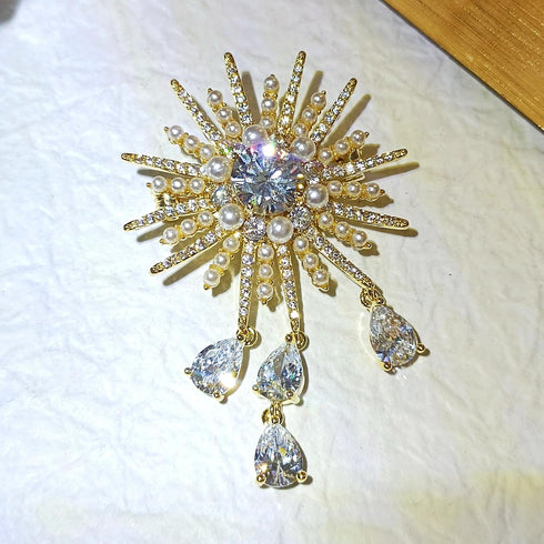 Fantastic Gold Tone Atomic CZ and Pearl Beads Starburst Brooch with Trio Drop...