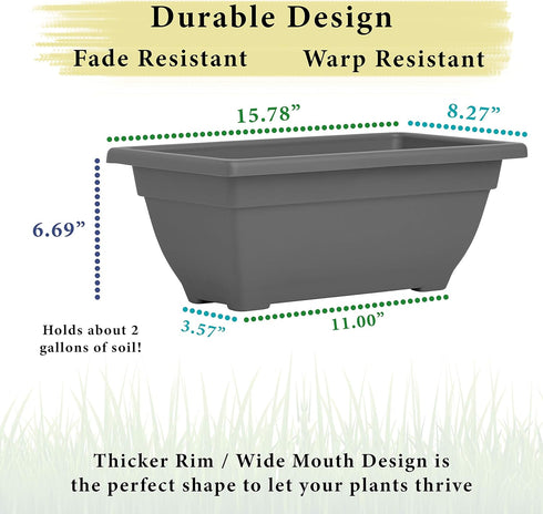 Rectangle Planter Box, 16 Inch Indoor/Outdoor Rectangular Planter, Durable UV Resistant, 2 Gallon Plastic Window Box Trough, Use for Herbs, Succul...