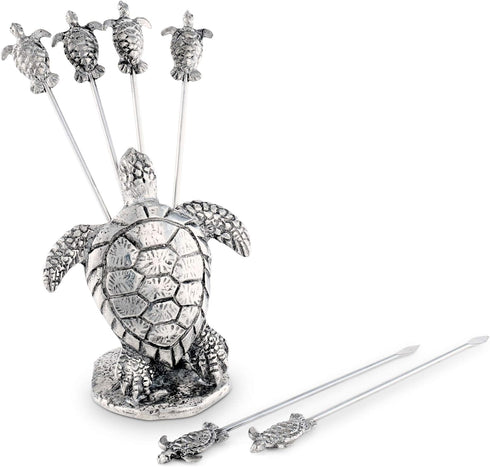 Vagabond House Pewter Sea Turtle Cheese Martini Olive Cocktail Stainless Steel Pick Set Skewer Fruit Toothpicks (6 picks in set) 4 inch Tall...