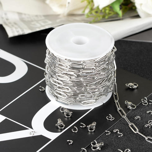 Kyutong 5 Meters Stainless Steel Jewelry Making Chain Roll Silver Necklace Chains Spool Paperclip Link Bulk Chains for DIY Craft Bracelet Ankle Fi...