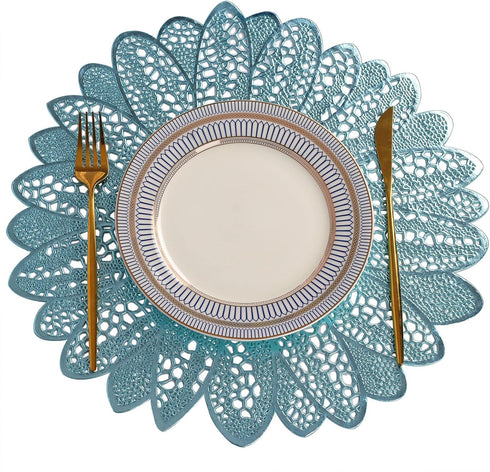 Round Placemats Set of 4 Pressed Vinyl Metallic Blue Place Mats Wipe Clean for Dinner Table, Heat Resistand PVC Tablemats Home Decor Non Slip Plac...
