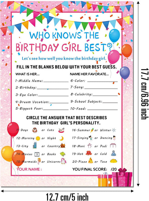 Skylety The Birthday Girl Best, 50 Pieces Birthday Party Activity Game Card Set Who Knows Her Best Girl Birthday Party Activity Themed Party Decor...
