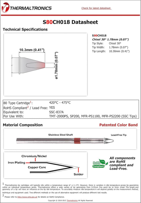 Thermaltronics S80CH018 Chisel 30deg 1.78mm (0.07in) interchangeable for Metcal SSC-837A...
