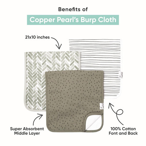 Copper Pearl Premium Baby Burp Cloths - 3-Pack Large Cotton Burp Cloths, Extra Soft Spit Up Rags with 3 Absorbent Layers, Perfect for Baby Boy and...