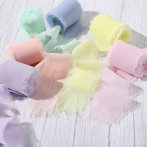 6 Rolls Handmade Fringe Chiffon Silk Ribbon 1.5" x 3 Yd Colorful Ribbon for Wedding Invitations, Bridal Bouquets, Gifts Wrapping, DIY Crafts (Maca...