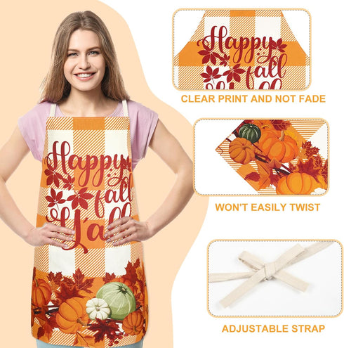 Whaline 4Pcs Fall Thanksgiving Aprons 4 Design Autumn Waterproof Chef Cooking Aprons Gnome Pumpkins Turkey Adjustable Aprons Fall Kitchen Collecti...