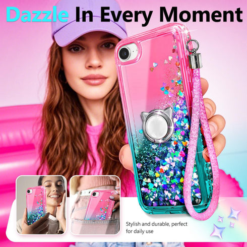 NGB Designed for iPhone SE (3rd 2022 & 2nd Gen 2020)/iPhone 8/7/6/6S Case, Pink/Aqua | Glitter Liquid Cute Cover for Women Girls Kids | with Tempe...