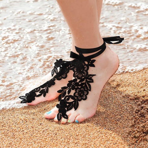 2 Pairs Lace Barefoot Sandals Sexy Lace Barefoot Embroidery Anklet with Toe Ring Vintage Floral Lace Anklet Slave Barefoot Sandals Foot Jewelry fo...