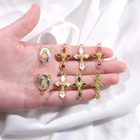 60Pcs/30Set Rosary Making Kits Supplies Religion Cross and Center Medal Charms Alloy Picture Jesus Enamel Pendant for Diy Prayer Necklace Jewelry...