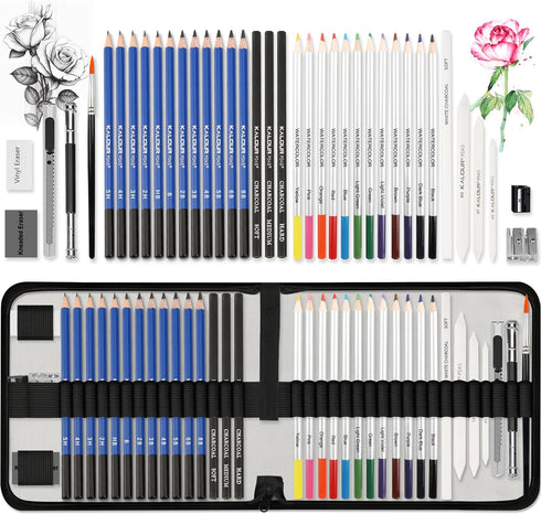 KALOUR Sketching Coloring Art Set - 38 Pieces Drawing Kit with Sketch Pencils,Watercolor Pencils,Charcoal,Brush,Eraser -Portable Zippered Travel C...