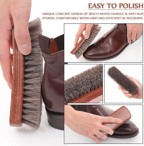 TAKAVU Shoe Shine Brushes Kit (4PCS) - 100% Soft Horsehair Bristles Brush, Polish Applicator, Crepe Suede Shoes Brush, Microfiber Buffing Cloth fo...
