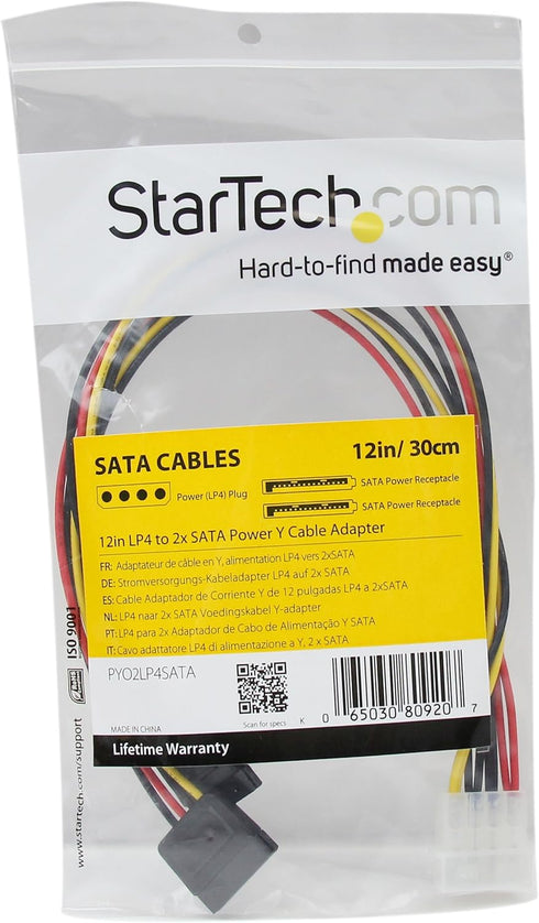 StarTech.com 12in LP4 to 2x SATA Power Y Cable Adapter - Molex to to Dual SATA Power Adapter Splitter (PYO2LP4SATA)...