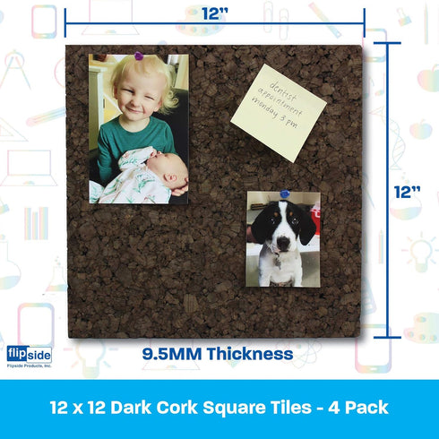 Flipside FLP12058 Dark Cork Tiles, 12" x 12", Pack of 4, Cork, Brown...