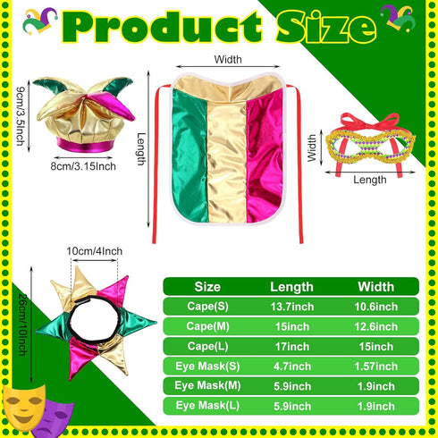 4 Pcs Mardi Gras Dog Costume Mardi Gras Clown Jester High Collar Cape Pet Accessories Set Golden Green Purple Dog Dress up with Mardi Gras Mask Co...