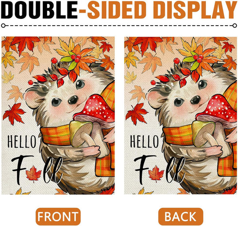 Hello Fall Hedgehog Decorative Garden Flag, Autumn Maple Leaves Mushroom Yard Outside Home Decorations, Seasonal Burlap Outdoor Small Decor Double...