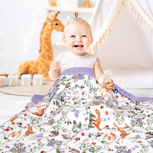Baby Blanket, Purple Fleece Baby Blankets for Boys Girls, Warm Soft Portable Toddler Minky Blanket with Woodland Animal Print, for Newborn Crib, S...