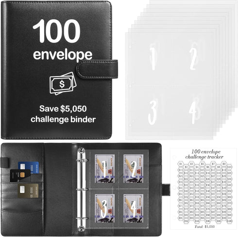 100 Envelopes Money Saving Challenge Binder with Laminated Tracker, Budget Binder with Cash Envelopes, Easy and Fun Way to Save $5,050 (Black)...