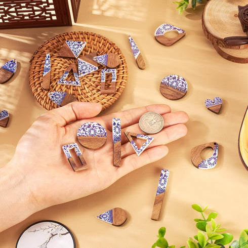 FASHEWELRY 20Pcs Classical Resin Wooden Earrings Charms Porcelain Flower Wood Earring Blanks Blue White Natural Wooden Pieces Earring Findings for...