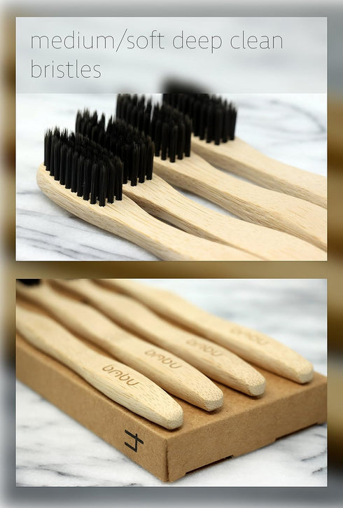 bmbu Bamboo Toothbrush 4 Pack - Medium/Soft Charcoal Bristles Tooth Brushes Wooden Handle - BPA Free, Eco Friendly, Vegan Product Gift Idea, Susta...