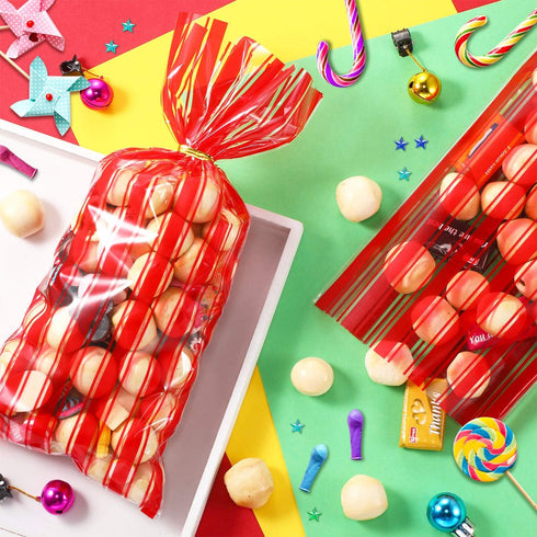 Blulu 100 Pcs Halloween Plastic Carnival Circus Party Treat Bags Red and White Stripe Printed Clear Cellophane Carnival Cooke Candy Goody Treat Ba...
