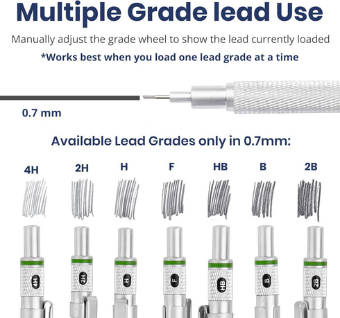 Pacific Arc Chromagraph Metal Mechanical Pencil .7 mm Silver Barrel Mechanical Pencil with Built In Adjustable Pencil Grade, Lead Pencil Holder fo...