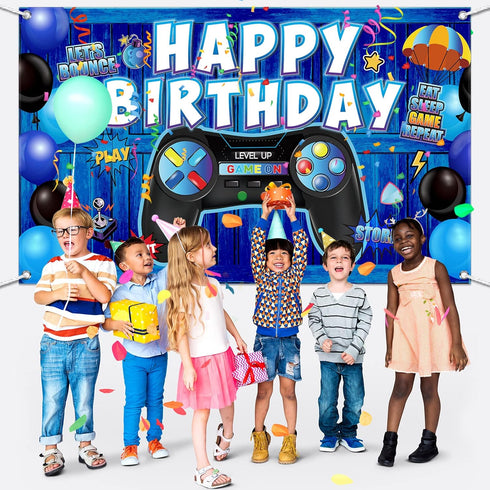 Video Game Birthday Decorations Banner Backdrop Blue Game Birthday Party Decorations Level up Gaming Theme Party Backdrop Photo Props for Gamer Ki...