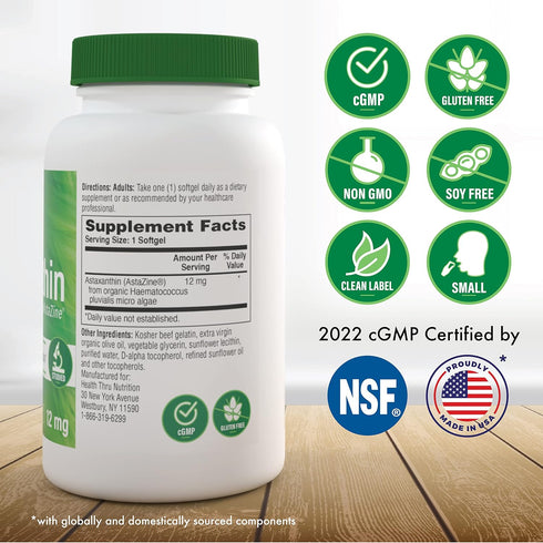 Health Thru Nutrition Astaxanthin Triple Strength 12mg 30 Softgels | AstaZine from Algae Organically Grown in Pristine Himalayan Water | Skin and ...
