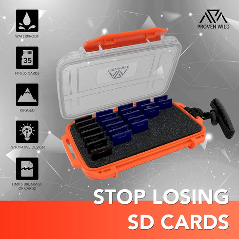 SD Card Holder by Proven Wild | Durable, Waterproof SD Card Case | SD Card Holder Case Holds 35 SD Cards Upright | Standard Memory Card Holder for...