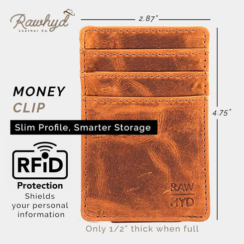 RAW HYD Men's Full-Grain Leather Slim Wallet with Money Clip - RFID Blocking, 5 Card Sleeves, Holds 15 Bills, Compact & Durable - Reddish Brown...