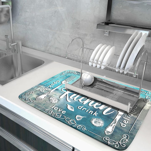 Blue Grey Dish Drying Mat 18x24 Inch Cooking Delicious Absorbent Drying Pad Heat Resistant Dish Drainer Mats for Kitchen Countertop...