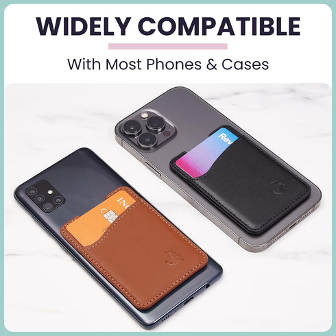 Premium Leather Phone Card Holder - Stick On Wallet for iPhone and Android Smartphones - Minimalist Style with Non-Slip Lining Secures Up to 3 Car...