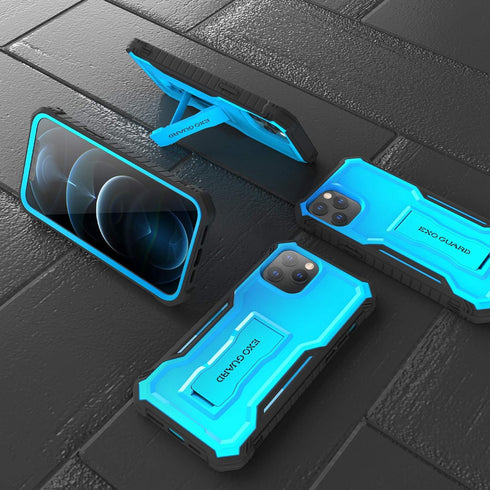 ExoGuard for iPhone 12 Case, Compatible with iPhone 12 Pro Case, Rubber Shockproof Full-Body Cover Case Built in Screen Protector with Kickstand f...