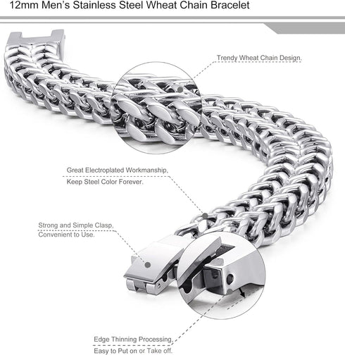 FIBO STEEL Stainless Steel 12MM Two-strand Wheat Chain Bracelet for Men Punk Biker Bracelet,8.0-9.1 inches...