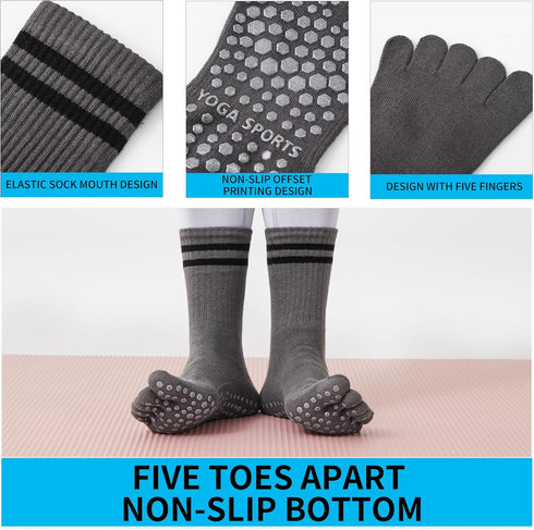 Grippy Yoga Socks for Women – Full Toe Cotton Crew Non Slip Sticky Grip Accessories for Yoga, Barre, Pilates, Dance, Ballet...
