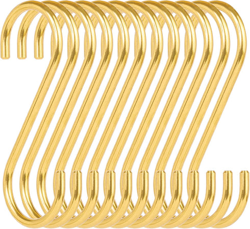 12-Pack 3.95" Brass S Hooks for Hanging – Heavy-Duty S-Shaped Hook for Coffee Cups Mug Coat Clothes Storage Hangers Kitchen Pot Pan Racks...