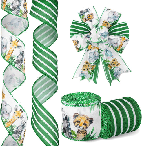 2 Roll Jungle Animal Wired Edge Ribbon 2.5 Inch 20 Yards Safari Animal Ribbon Animal Print Ribbon for Bow Wreath Craft Gift Wrap Party Decor...