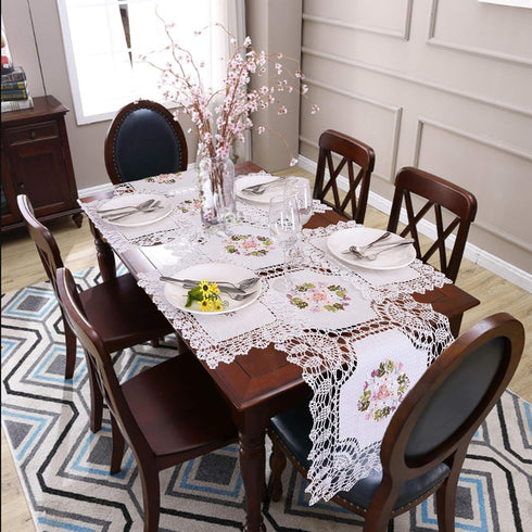 Handmade Crochet Cotton Lace Table Runner Dresser Scarf, Ribbon Embroidery (17 x 56 inches)...