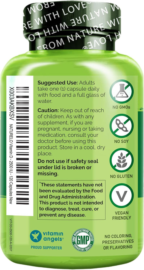 NATURELO Vitamin D - 2500 IU - Plant Based from Lichen - Natural D3 Supplement for Immune System, Bone Support, Joint Health - Vegan - Non-GMO - G...