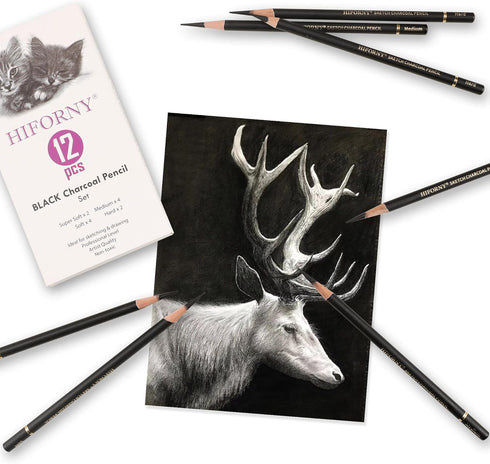 12 Pieces Charcoal Pencils Drawing Set - Super Soft,Soft,Medium and Hard Charcoal Pencils for Drawing,Sketching,Shading,Blending,Portrait...