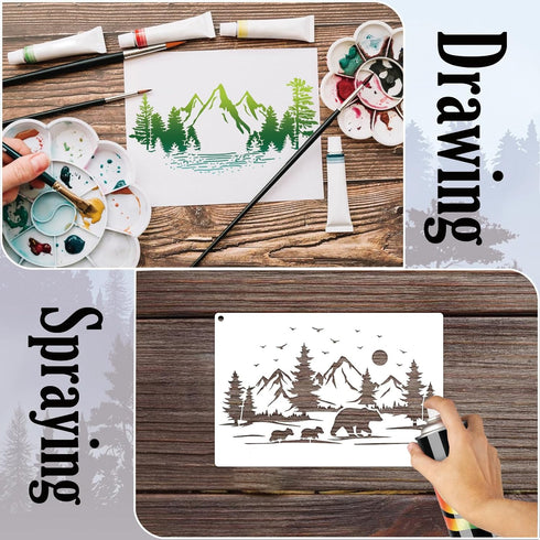12 Pieces Mountain Stencils Pine Tree Stencils for Painting on Wood Reusable Forest Deer Bear Drawing Templates for Wood Burning Furniture Wall Fa...