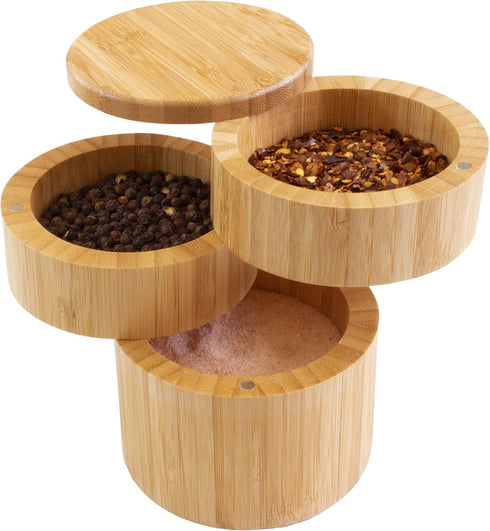 Totally Bamboo Triple Salt Cellar, 3 Tier Bamboo Kitchen Salt and Pepper Storage Box with Magnetic Swivel Lids...