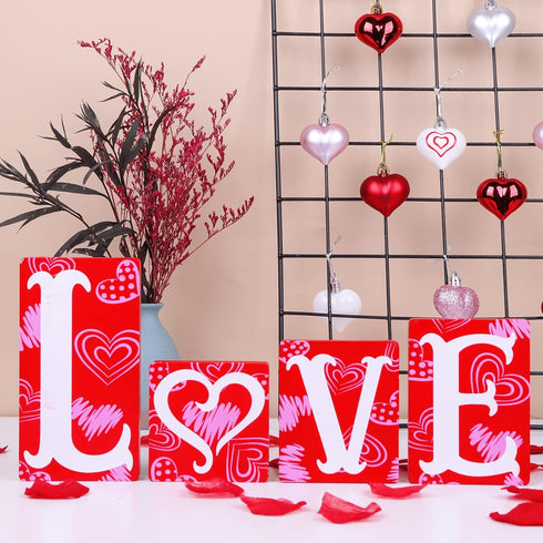 Valentines Day Decor Love Blocks Wooden Table Sign, Red Valentines Day Decorations For The Home Table Decor Valentine Gifts, For Wedding Anniversa...